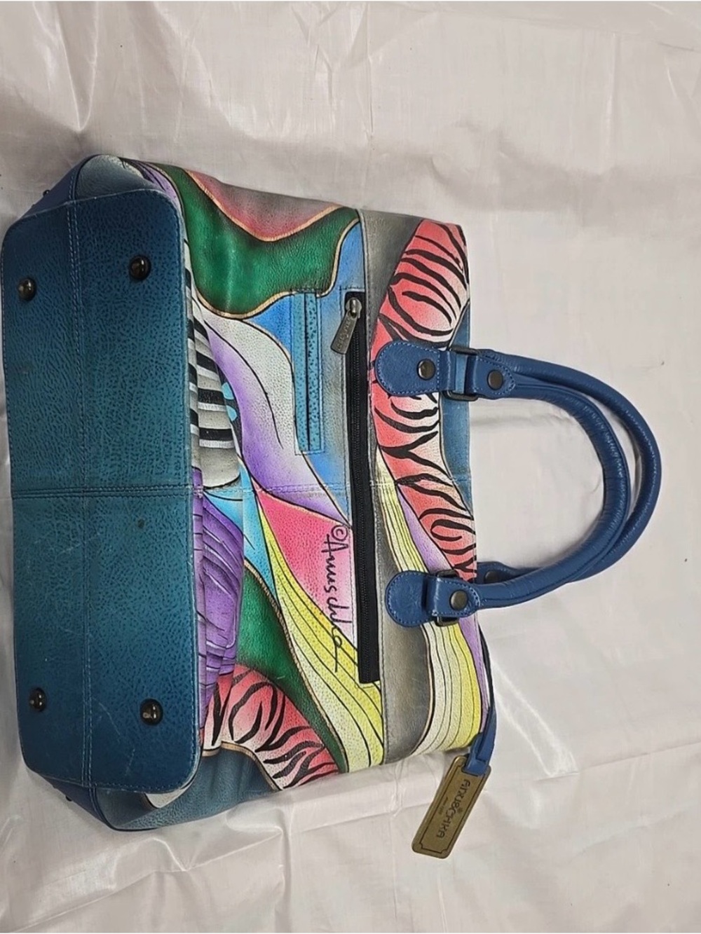 Anuschka Multicolor Painted Leather Tote with Blue Handles